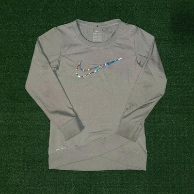 Youth Girls NIKE DRI-FIT Racer Holographic SWOOSH Grey Long Sleeve Shirt - 5-6 M | eBay