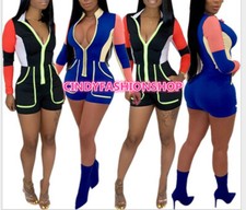 Women Zipper UP Long Sleeve Patchwork Pocket Casual Streetwear Short Jumpsuit