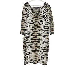 Ming Wang Sweater Dress Brown Beige Tiger Print Cowl Neck Knee Length Size XL