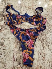 True Vintage Fredricks Silky Bra Panty Set Navy Floral