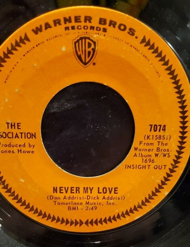 THE ASSOCIATION 7" 45 RPM "Never My Love" & "Requiem For the Masses" VG cond.