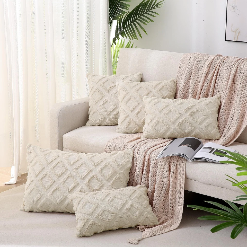 2er Set Boho Kissenbezug 45x45 Beige  Flauschig Zierkissen Kissenbezüge in Wo... - Bild 3 von 4