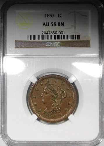 1853 Braided Hair Large Cent NGC AU58BN Scratches On Holder