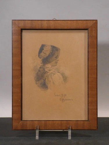 aa25/14 Wilhelm Hasemann fine pencil drawing 1894 woman in costume