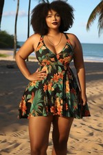 Floral Print Swimdress Women Plus Size V Neck One Piece Beach Swimwear