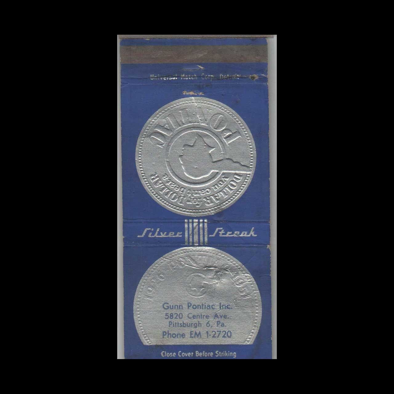 Matchbook Cover - 1951 Pontiac Dealer - Gunn Pontiac Pittsburgh, PA