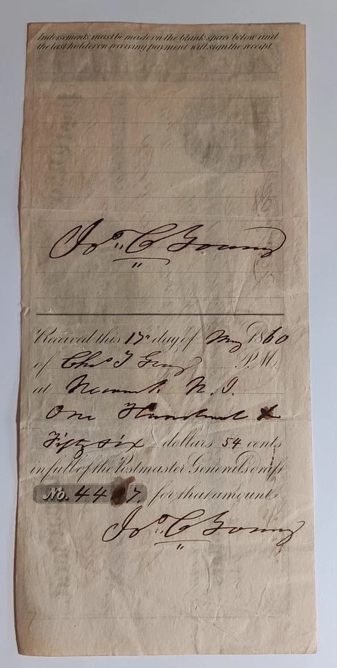 Post Office Department Transportation of the Mails Check Draft 1860 Newark NJ - Image 3 of 3