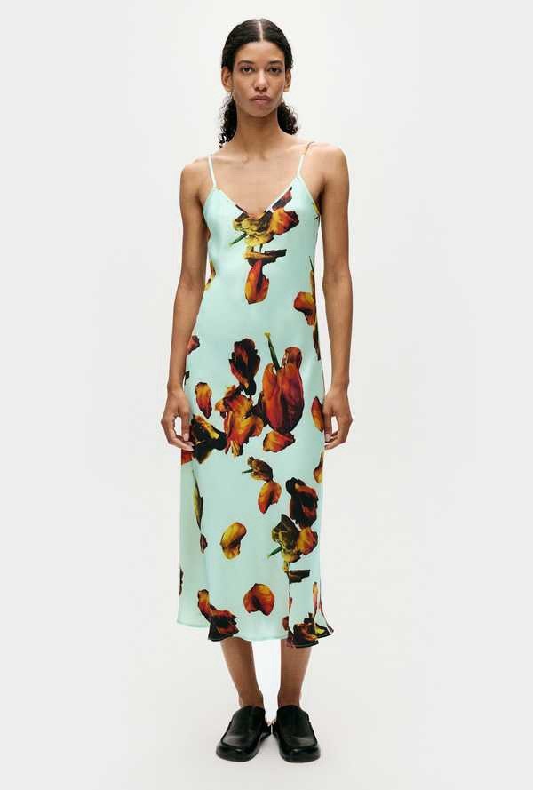 Silk Laundry Slip Dress Size S Light Blue Floral Silk Midi Strappy Tulipa Dew