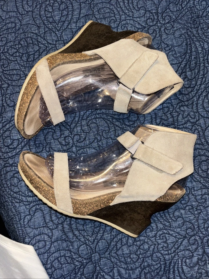 Sandalias de tacón de cuña TSUBO Tehina 8,5 plataforma recortada madera y corcho beige gamuza Foto 4 de 4