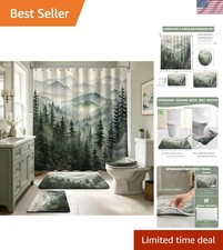 Sage Green Forest Bathroom Shower Curtain Sets with Rugs, Rustic Cabin Shower...