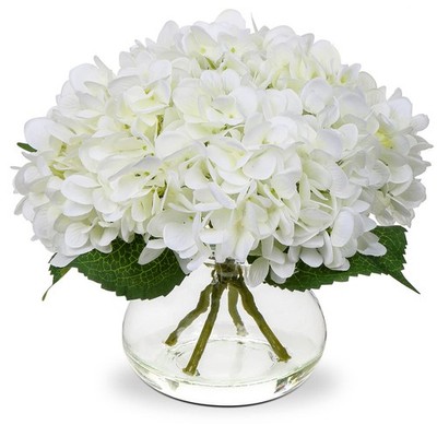 Hydrangea Artificial Flowers with Vase White Silk Fake Flowers Arrangements i...