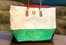 DOONEY&BOURKE TOTE SHOULDER BAG COLOR BLOCK LEATHER GOLDEN ZIPPED BASE STUDS