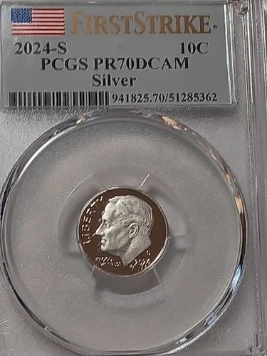 2024 S PROOF Silver   Roosevelt Dime PCGS PR70DCAM FIRST STRIKE FLAG LABEL