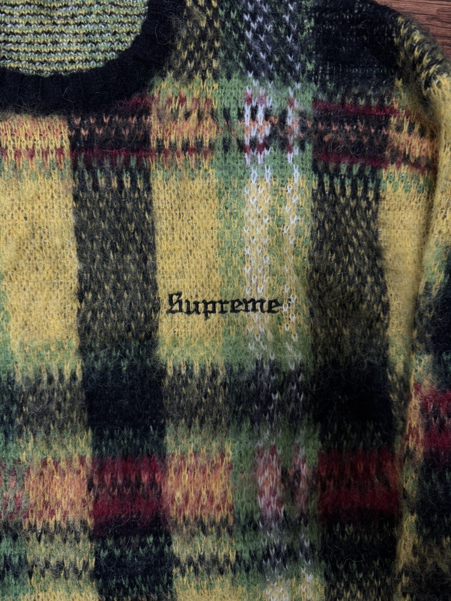Supreme FW20 Brushed Plaid Mohair Sweater Size Medium Black Yellow
