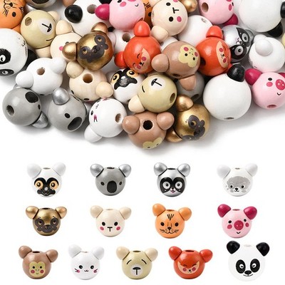 100pcs Cute Animals Head Wood Beads Large Hole Beads for DIY Crafts
