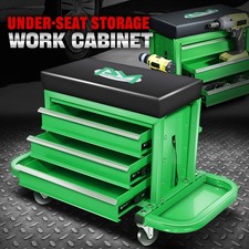 Mechanics Roller Work Seat W 3-drawer Tool Box Storage Tray Padded Stool Green Mechanics Roller Work Seat W 3-drawer Tool Box Storage Tray Padded Stool Green