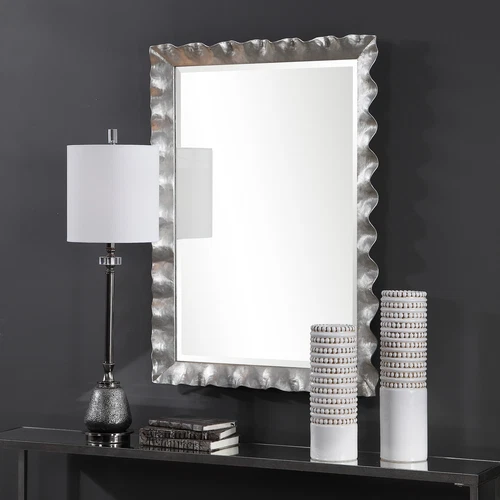 Large Silver Scalloped Edge Vanity Mirror, 40" Curved Black Vanity Metal - Picture 3 of 6