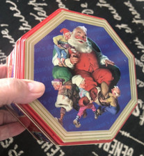Vtg COCA COLA COKE Red SANTA CLAUS ELVES Octagon Xmas TIN BOX Can DECOR Cookies