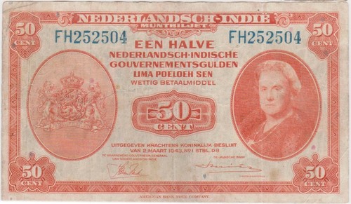 (N66-20) 1943 Netherlands 50c bank note (T) (SI46)