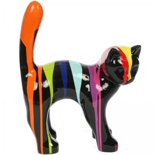 Statue chat en résine que droite multicolore fond noir 35 cm - Photo 1/2