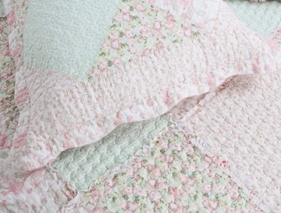 ROMANTIC CHIC 100% Cotton QUILT SET : COZY PINK GREEN PATCH SHABBY RUFFFLE