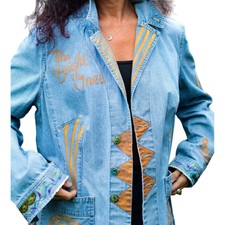Vintage Faded Denim, Hip-length Jean Jacket With Hand Painted And Fabric Images