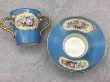 Antique Trembleuse Sevres Style Flowers Gold Blue Chocolate Deep Cup Saucer