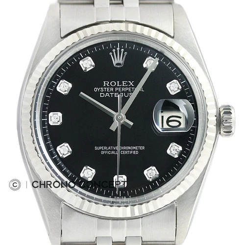 Rolex Datejust 18K White Gold & SS Black Diamond Jubilee Band Watch 1601