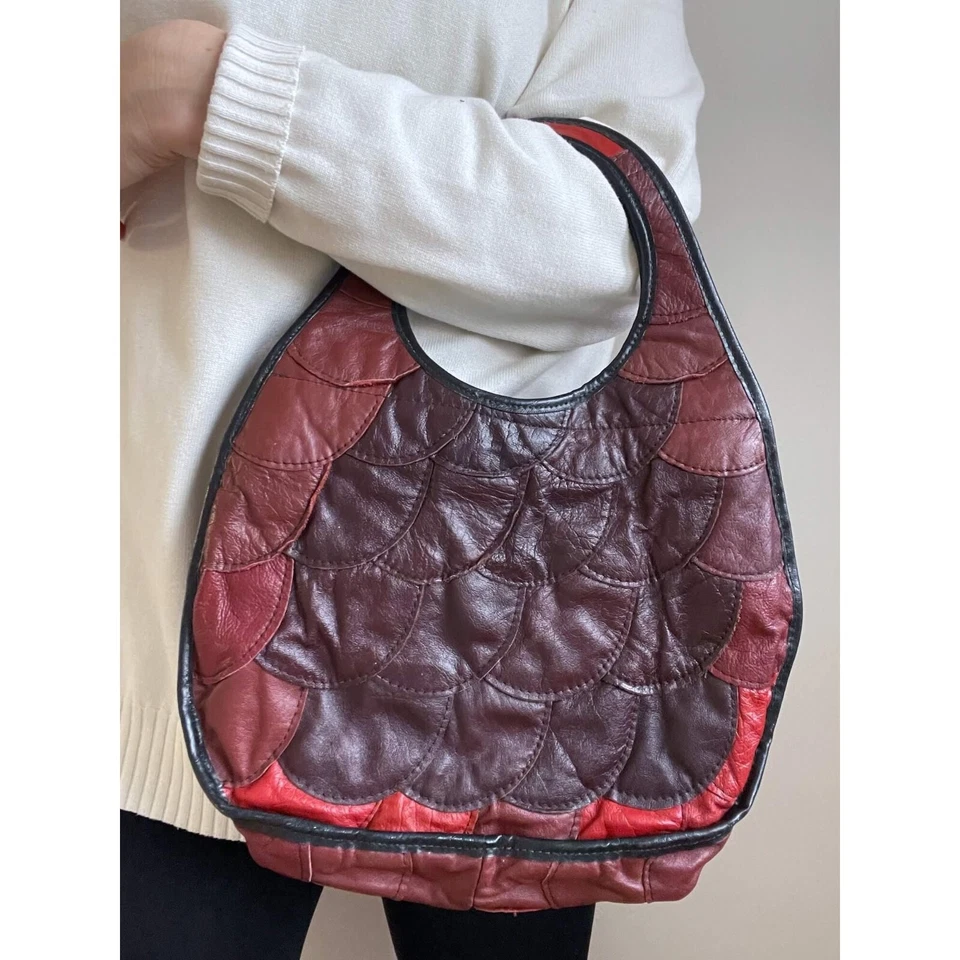 Sac patchwork vintage en cuir véritable - sac à main rétro marron rouge - sac... - Photo 2/4