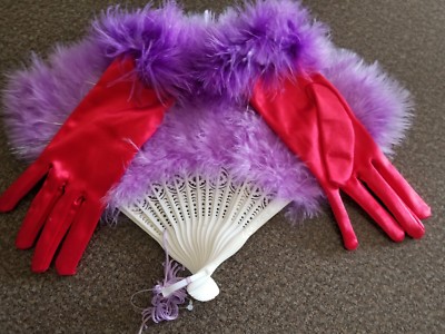 Red Nylon Gloves w/ Purple Feathered Waistbands & Purple Feathered Fan