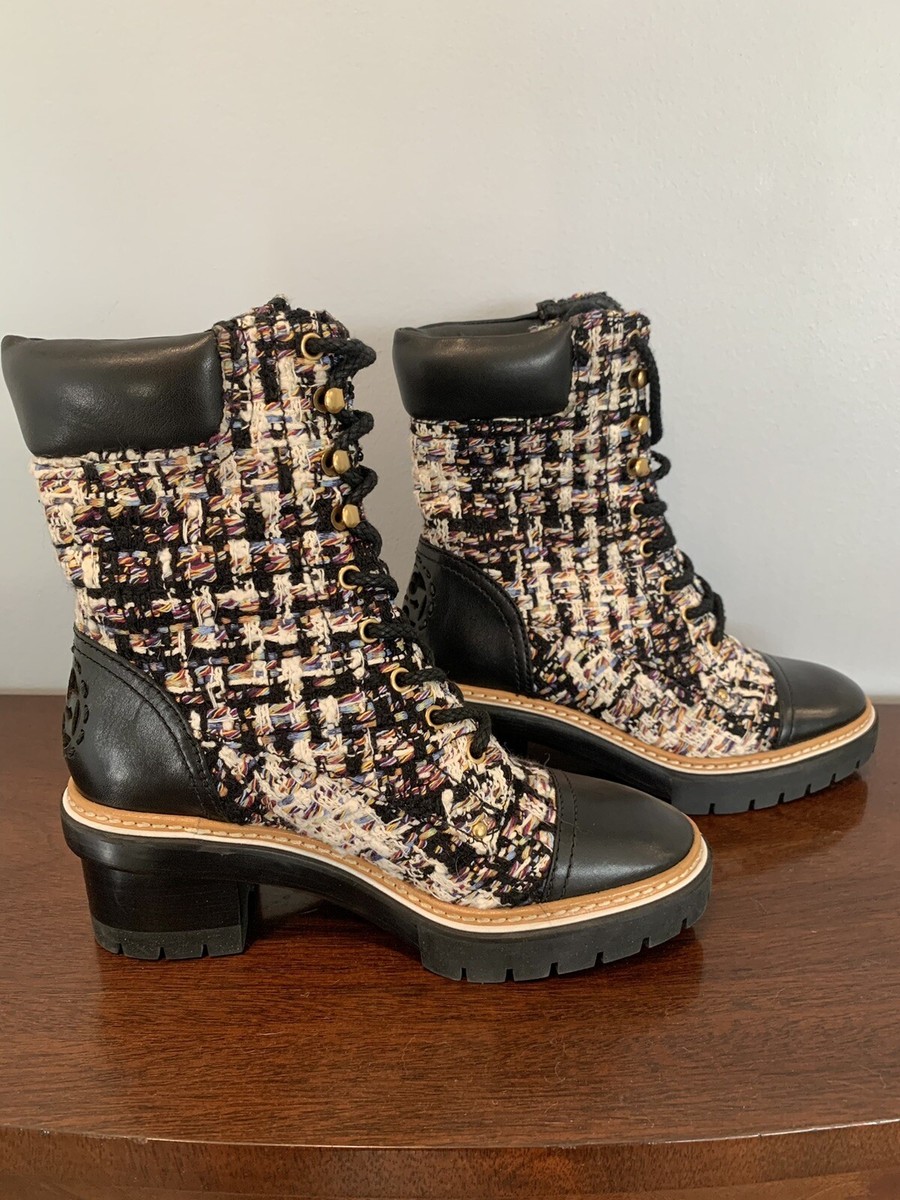 Tory Burch Miller Lug Sole Bootie Striped Tweed Leather Excellent Condition  Sz