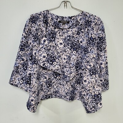 Chaus Womens Outer Blouse Shirt Sz L Blue White black Floral Pattern 3/4 Sleeve