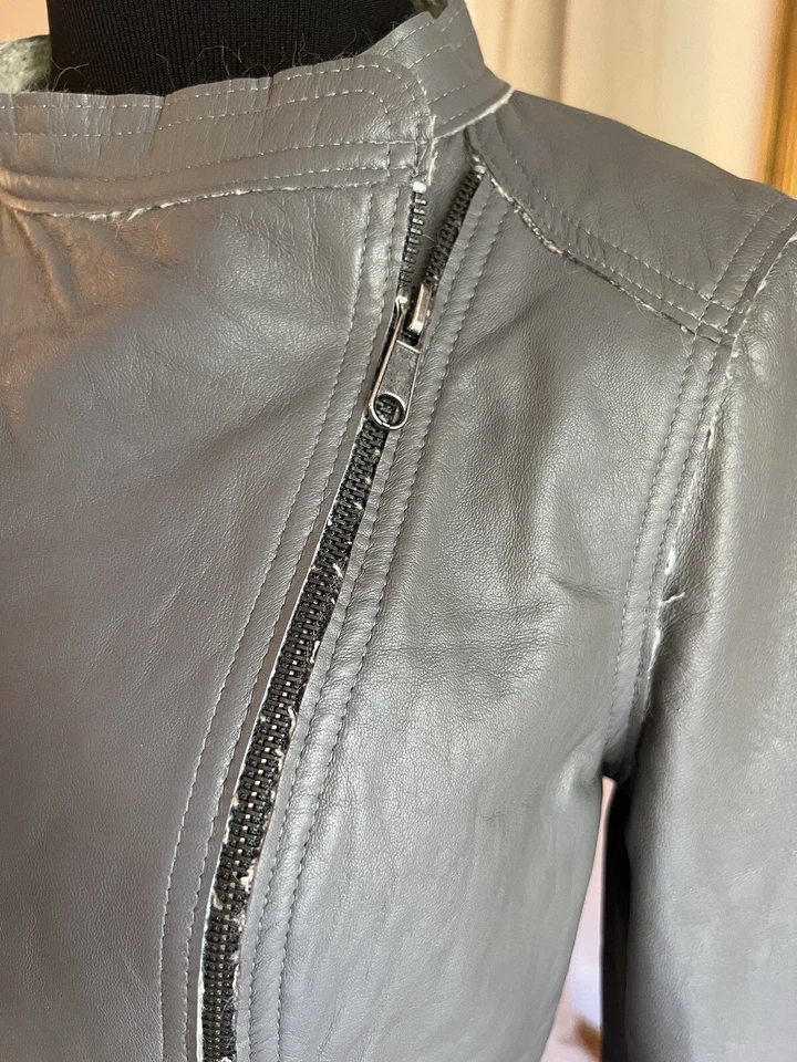 Chaqueta de Moto Elaine Kim Gris Cuero Forrada en Lana Recortada Nueva Sin Etiquetas $680 Talla 6 US2 Foto 3 de 4
