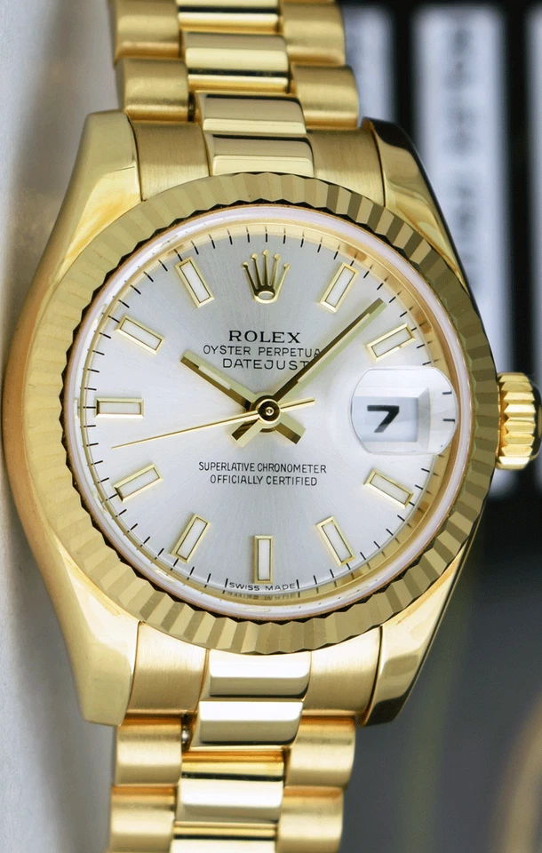 ROLEX - 26mm Ladies 18kt Gold PRESIDENT Silver Index Dial 179178 SANT BLANC