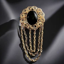 Victorian Revival Brooch Gold Tone Filigree Black Cabochon Dangle Chains Vintage
