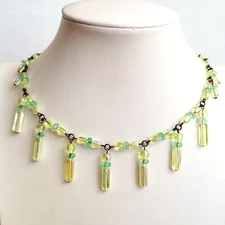 Vaseline Glass Necklace 17'' Uranium Glass Czech Vintage Beads Women`s Jewelry