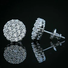 1Ctw Round Cut VVS1 Moissanite Men's Cluster Stud Earrings 14K White Gold Plated