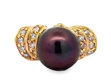 Brown Tahitian Pearl Peacock Hues Diamond Ring 14K Yellow Gold