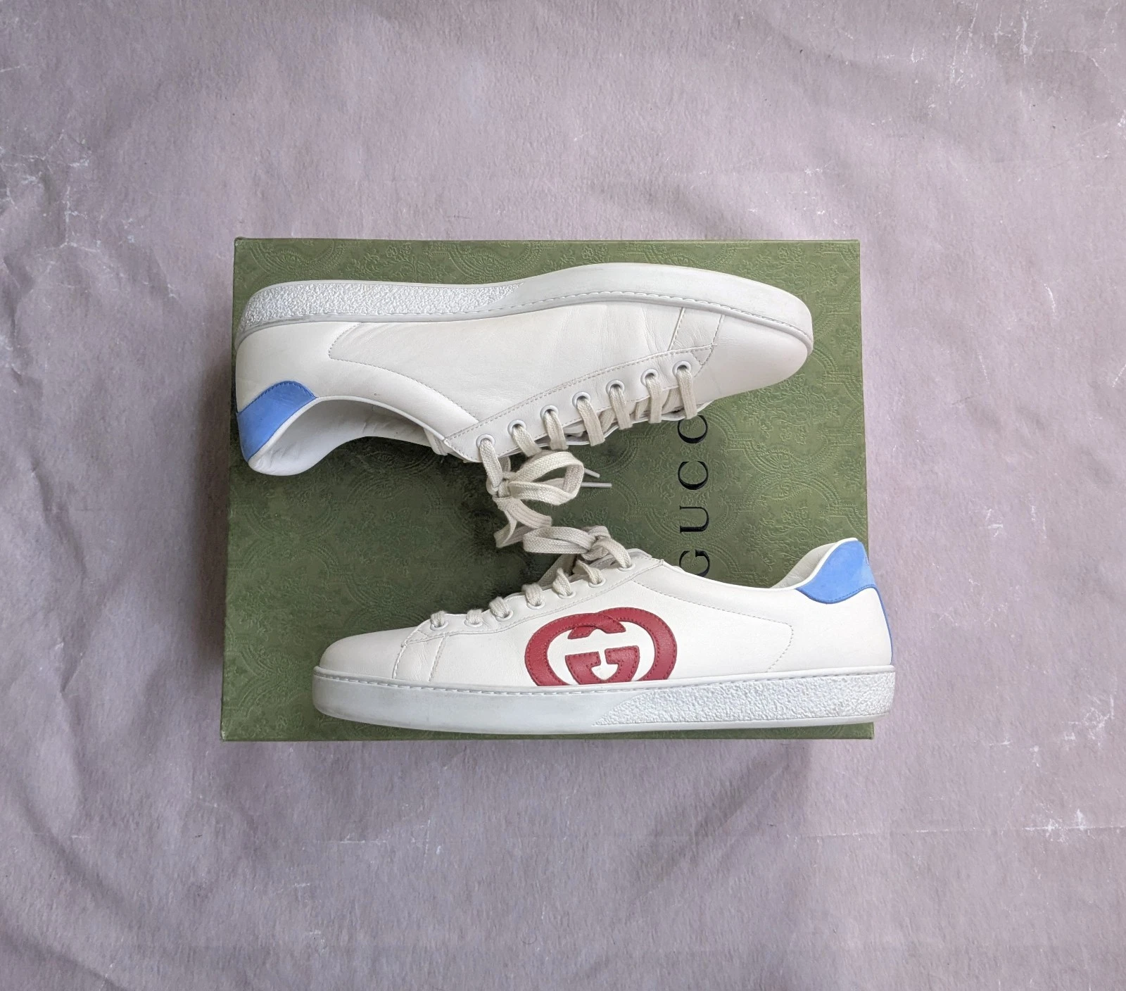 Gucci Ace Baskets Homme US 11 Blanc Entrelacé G Chaussures Cuir Italie 625783
