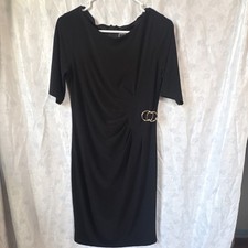 JH Black Sheath Dress 10P Knee Length Buckle Ruched Accents Half Sleeve