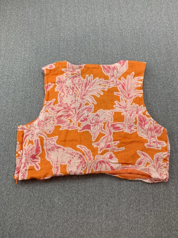 C&C California Crop Top Womens Medium Orange Pink Linen Floral Cat Print Tank - Image 2 of 4