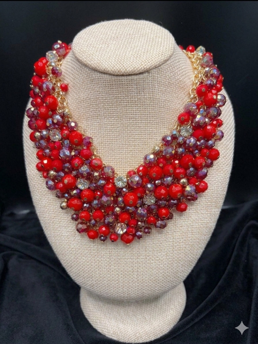 Bocar Statement Bib Necklace • Ruby Red Crystal C… - image 2