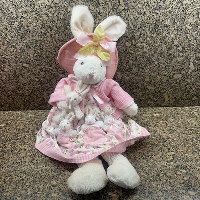VTG Pink Floral Bunny Rabbit Plush Doll Mom With Baby Bunnies Dress Easter Decor
