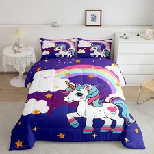 Girls Unicorn Comforter Set Cute Rainbow Unicorn Full Size Bedding Set for Ki...