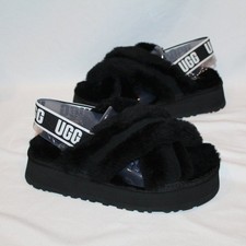 NIB  UGG CRISS CROSS PLATFORM SHEARLING SLIDE SLIPPER SANDALS BLACK WHITE 8