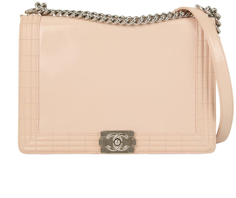 Chanel Large Boy Bag Crossbody Shoulder Bag Patent Leather Beige