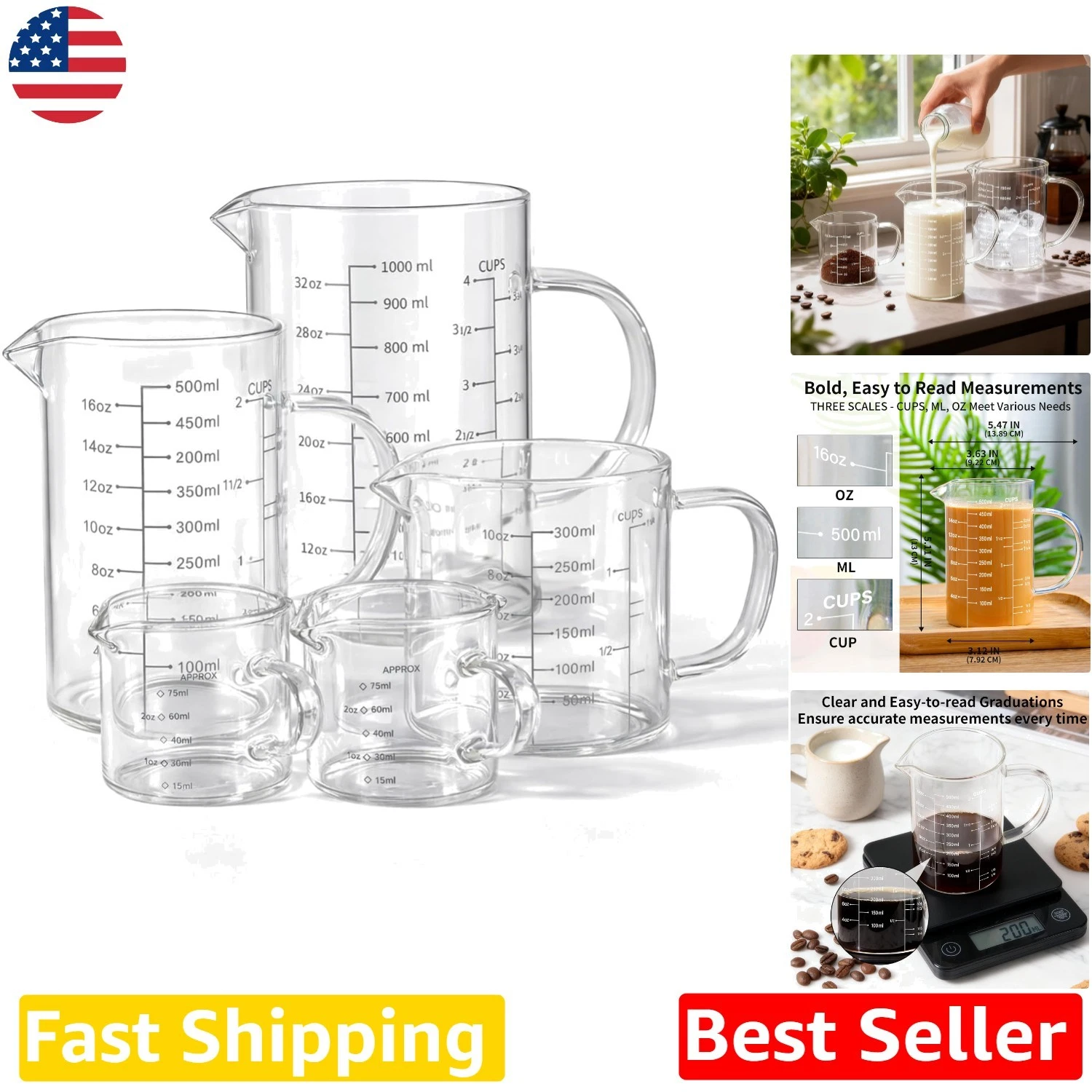 High-Quality 5 Pack Glass Measuring Cups - V-Spout, Microwave, Dishwasher Safe
