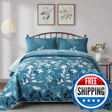 Wongs Bedding Quilt Set Queen Size3 Pieces Teal Floral Botanical Leaves