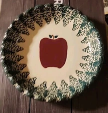 Green Spongeware Country Apple Ceramic Stoneware Pie Pan Dish Bakeware 9.75"