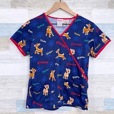 Rudolph The Red Nose Reindeer Christmas Scrub Top Blue Nursing Womens XS